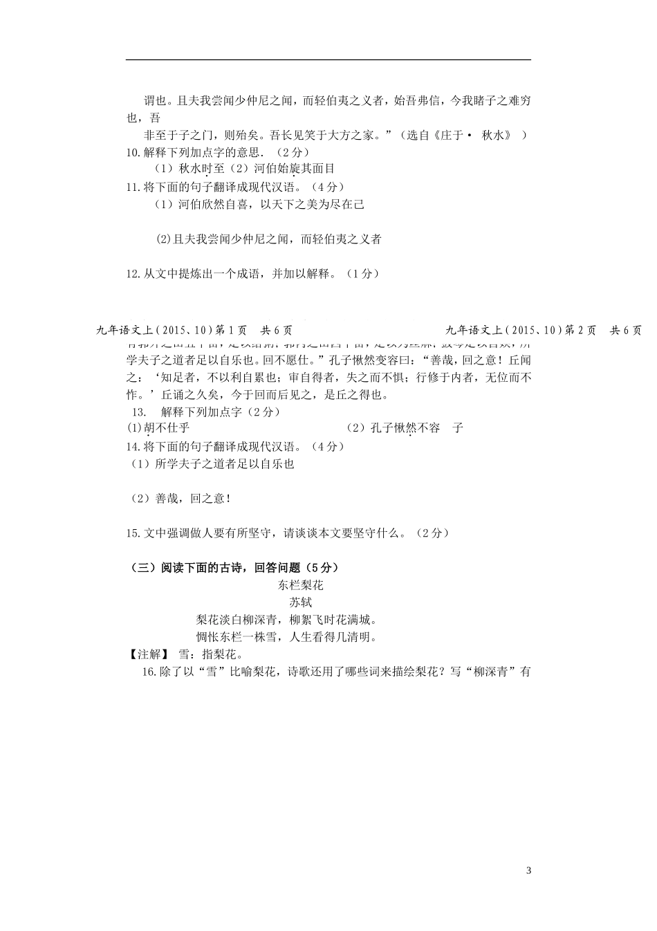 辽宁省大石桥市水源二中2016届九年级语文上学期阶段检测试题新人教版_第3页