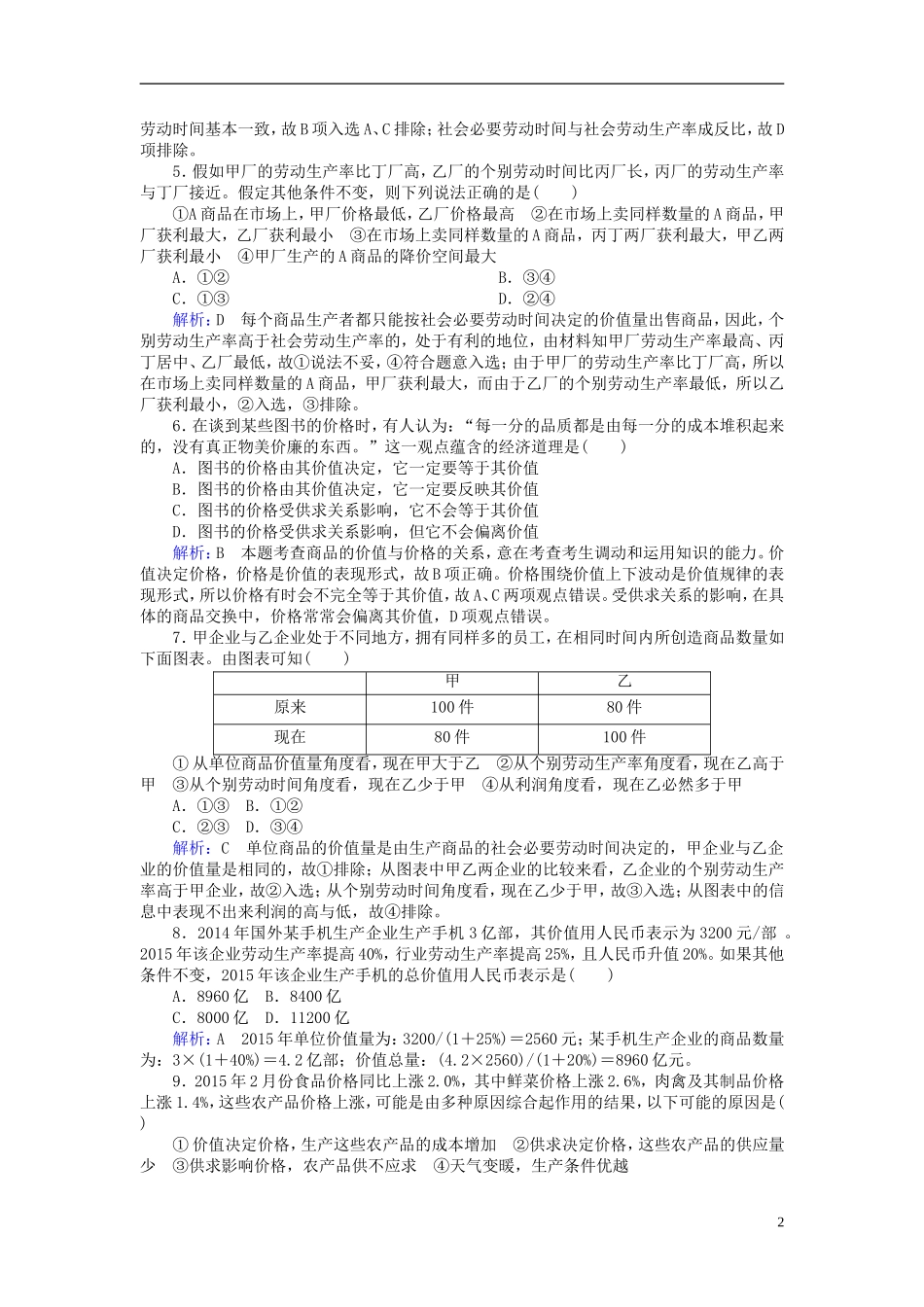 2016高中政治2.1影响价格的因素课后课时精练含解析新人教版必修1_第2页
