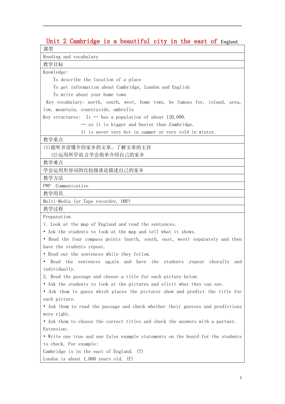 广东署山市顺德区江义初级中学八年级英语上册Module2Unit2CambridgeisabeautifulcityintheeastofEngland教案新版外研版_第1页