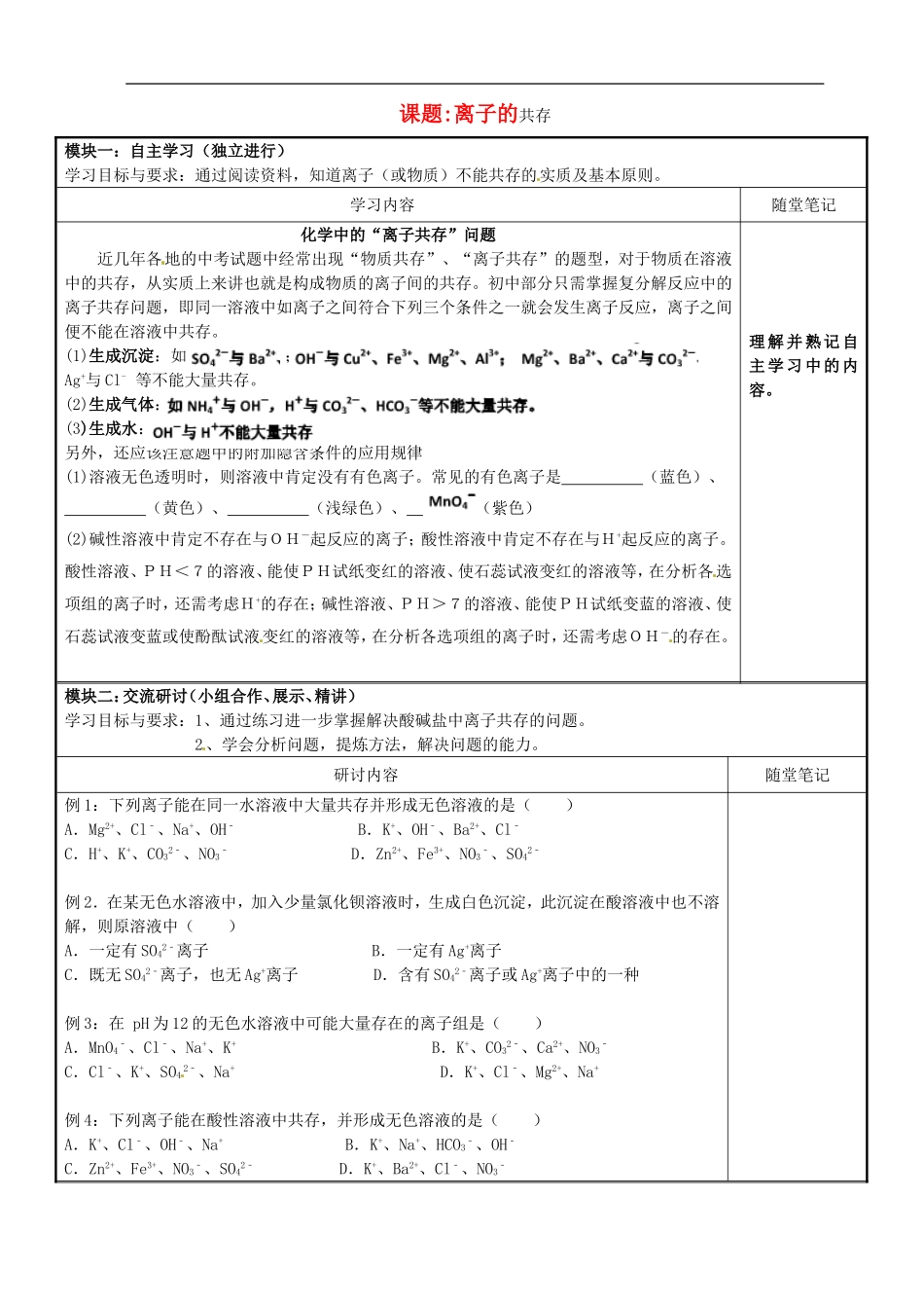 广东省河源中国教育学会中英文实验学校中考化学离子的共存复习学案无答案_第1页