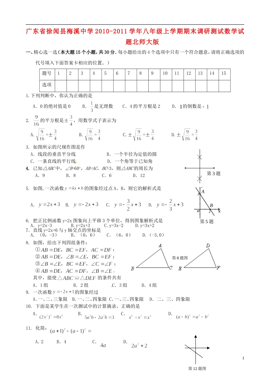 广东省徐闻县2010-2011学年八年级数学上学期期末调研测试试题 北师大版_第1页