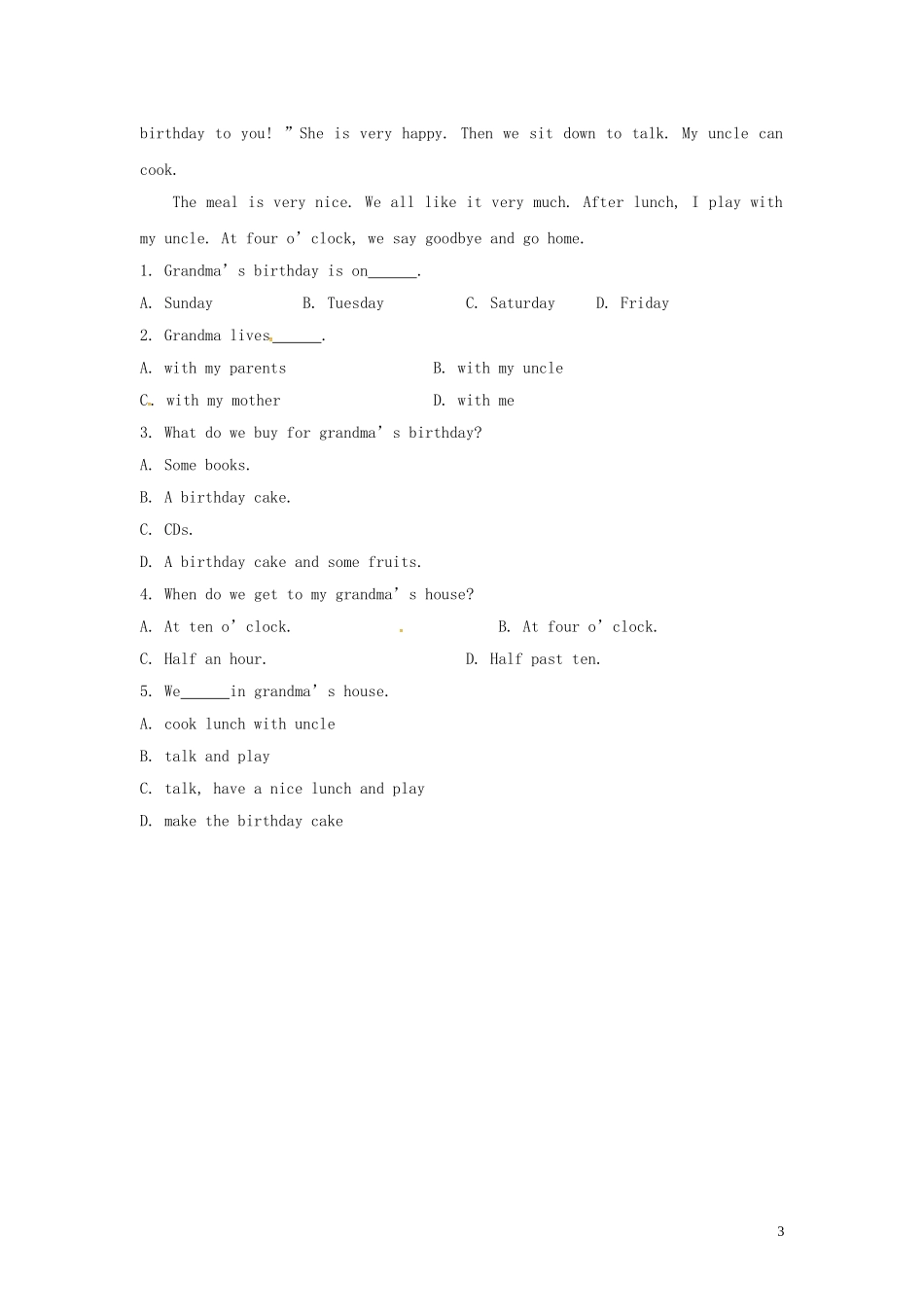 山东省冠县第一中学七年级英语上册Module8ChoosingpresentsUnit1Ialwayslikebirthdayparties课时作业新版外研版_第3页