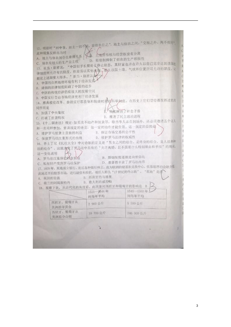 山东省临沂市第十九中学2016届高三历史上学期第二次学期检测9月月考试题扫描版_第3页