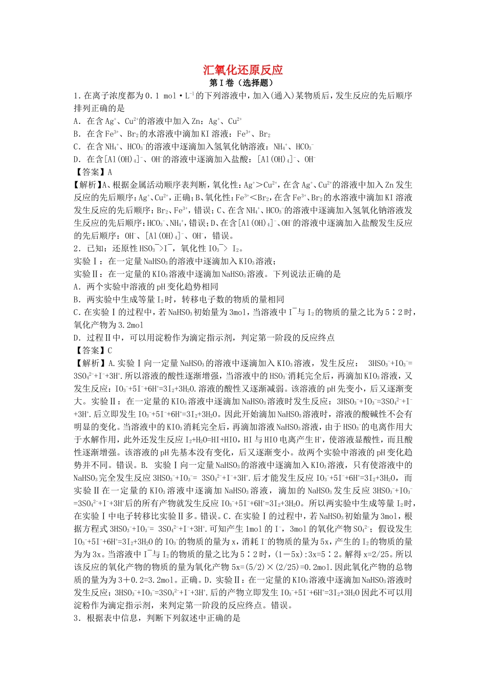 2016届高考化学一轮复习高频考点100题汇氧化还原反应含解析_第1页