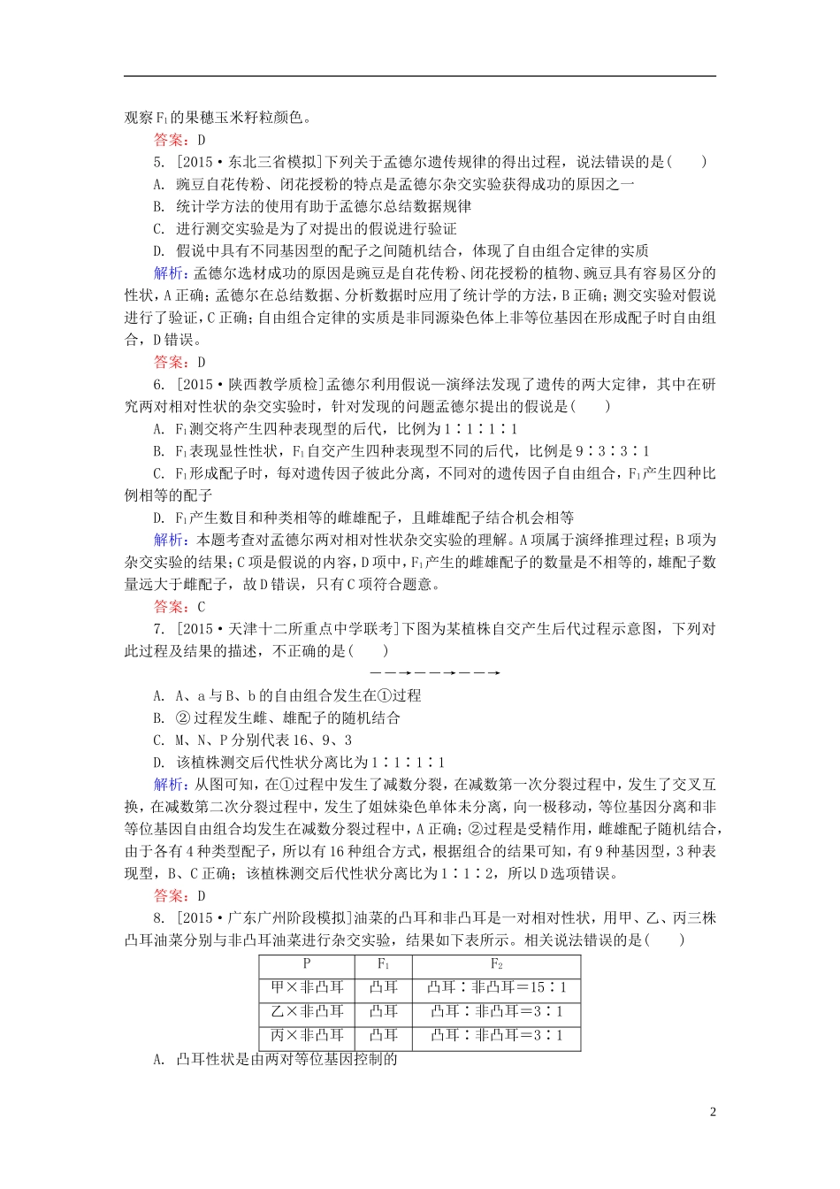2016高三生物第一轮总复习第一编考点过关练单元测试5遗传的基本规律_第2页