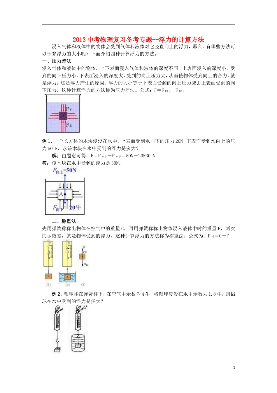 2013中考物理备考专题复习 浮力的计算方法 新人教版_第1页
