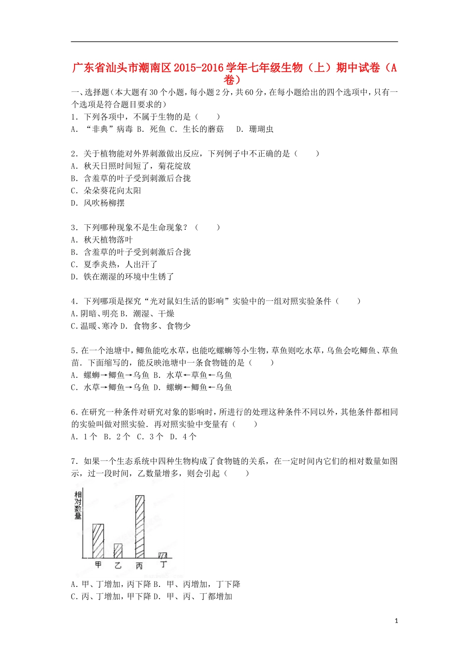 广东省汕头市潮南区2015_2016学年七年级生物上学期期中试卷A卷含解析新人教版_第1页