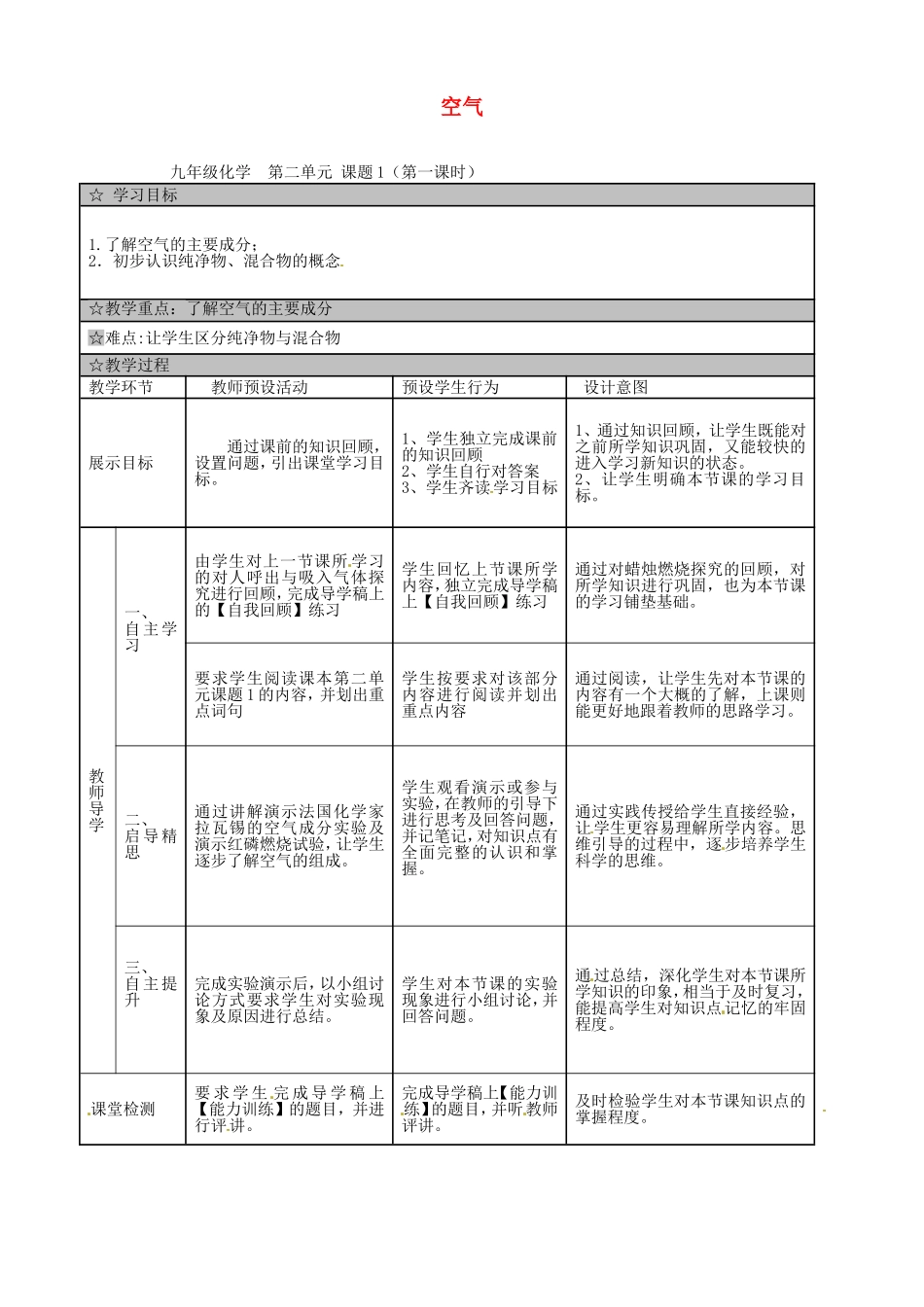 广东署山市顺德区江义初级中学九年级化学上册第二单元课题1空气教案1新人教版_第1页