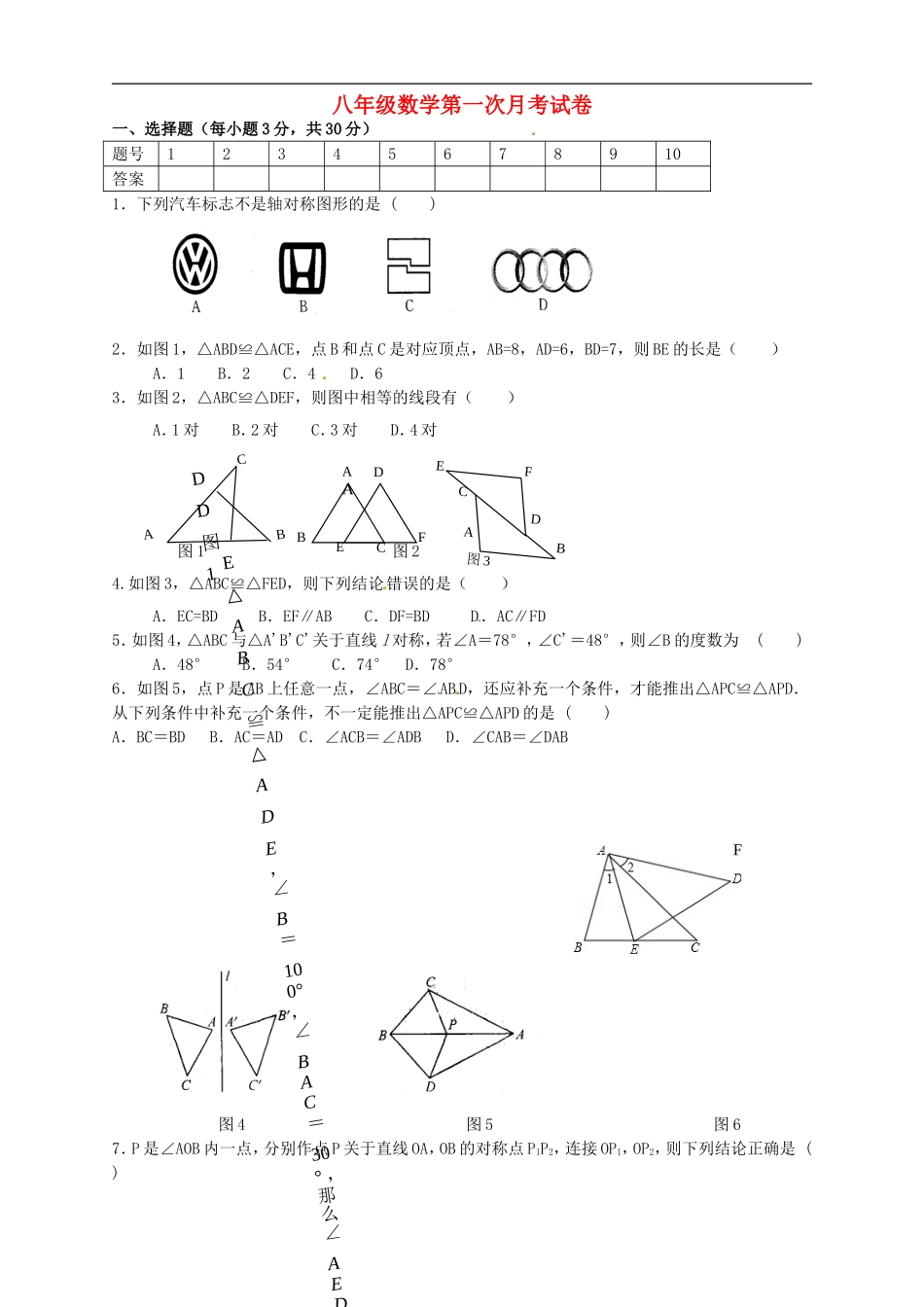江苏省淮泗片教育联盟2015_2016学年八年级数学上学期教学质量调研测试试题无答案苏科版_第1页