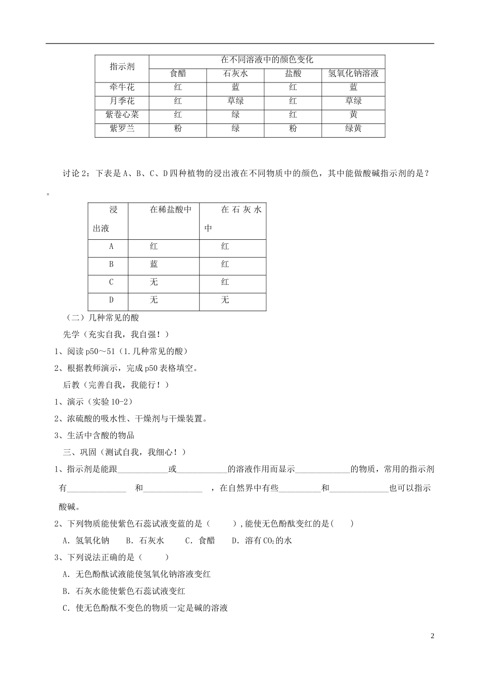 江苏省无锡市江南大学附属实验中学九年级化学下册 10.1《常见的酸和碱》教学案（无答案） 新人教版_第2页