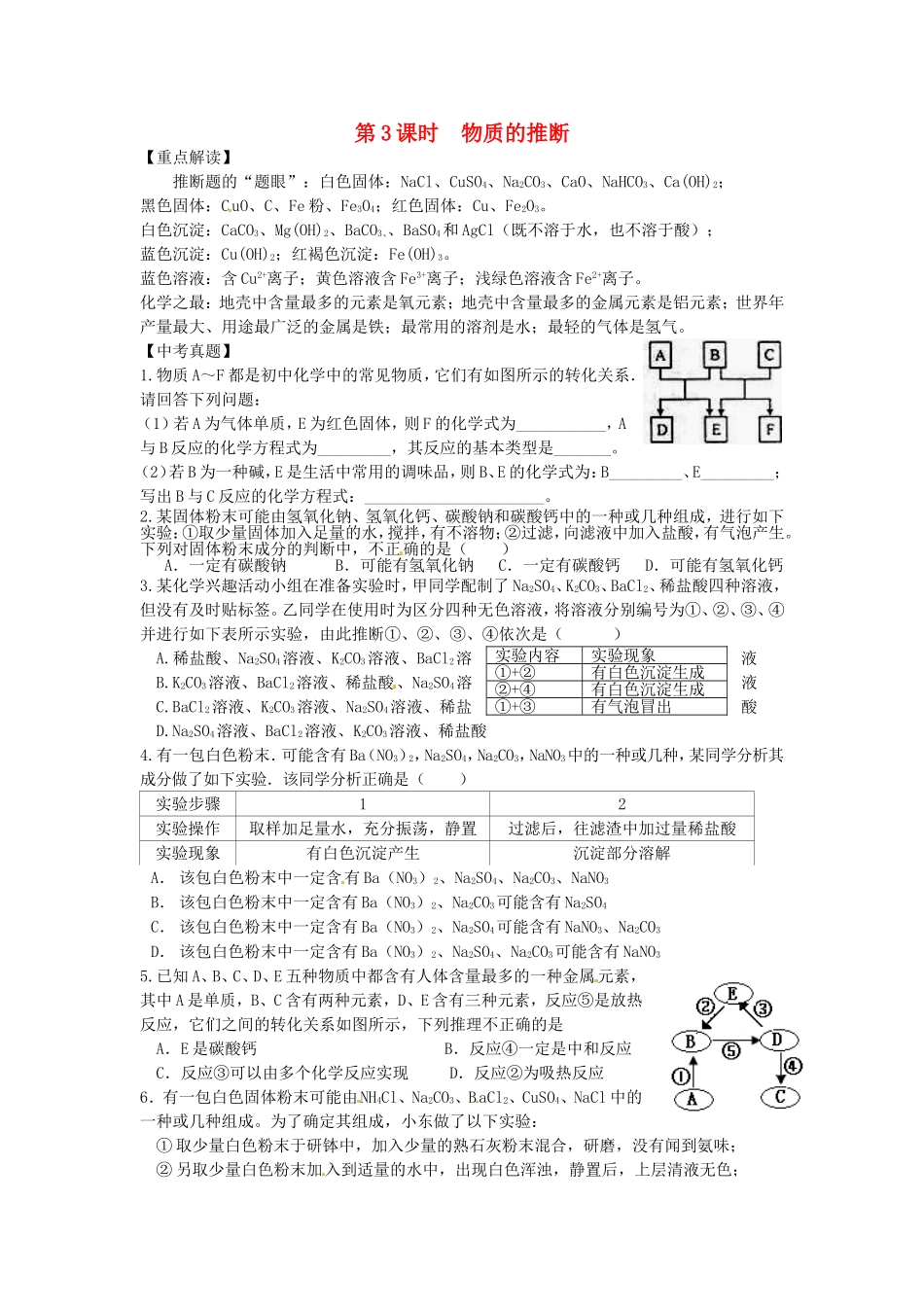 湖北省孝感市孝南区肖港镇肖港初级中学中考化学物质的推断练习无答案_第1页