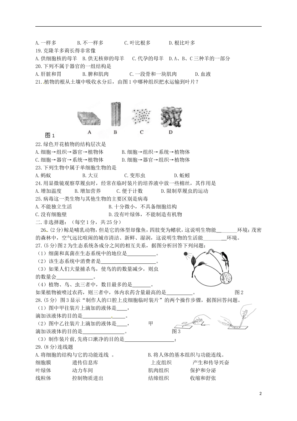 湖北省宜城市小河镇朱市第一初级中学2015_2016学年七年级生物上学期期中试题新人教版_第2页