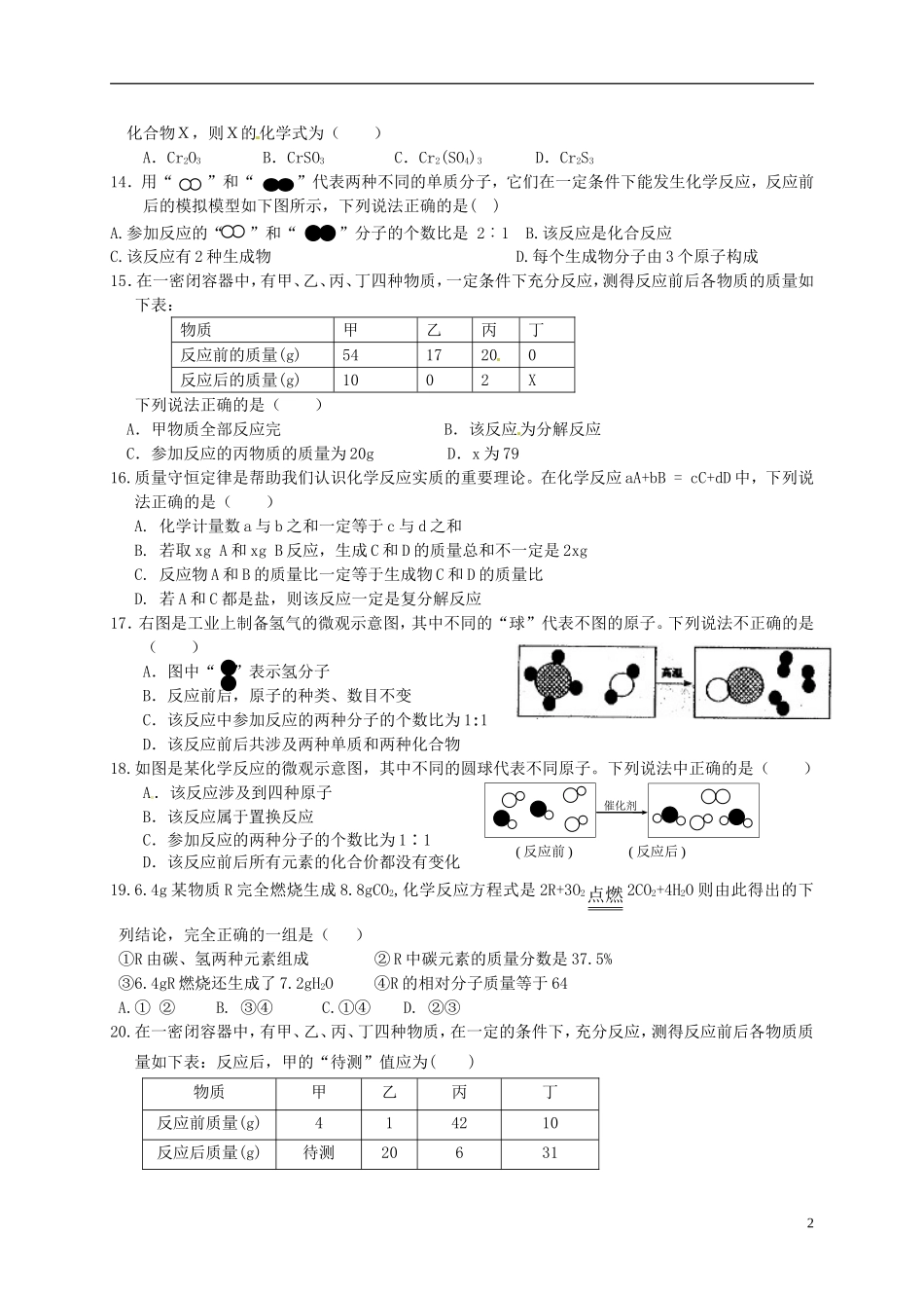 广西省南宁市江南区沙井中学2015届九年级化学上册第五单元化学方程式单元综合测试1无答案新版新人教版_第2页