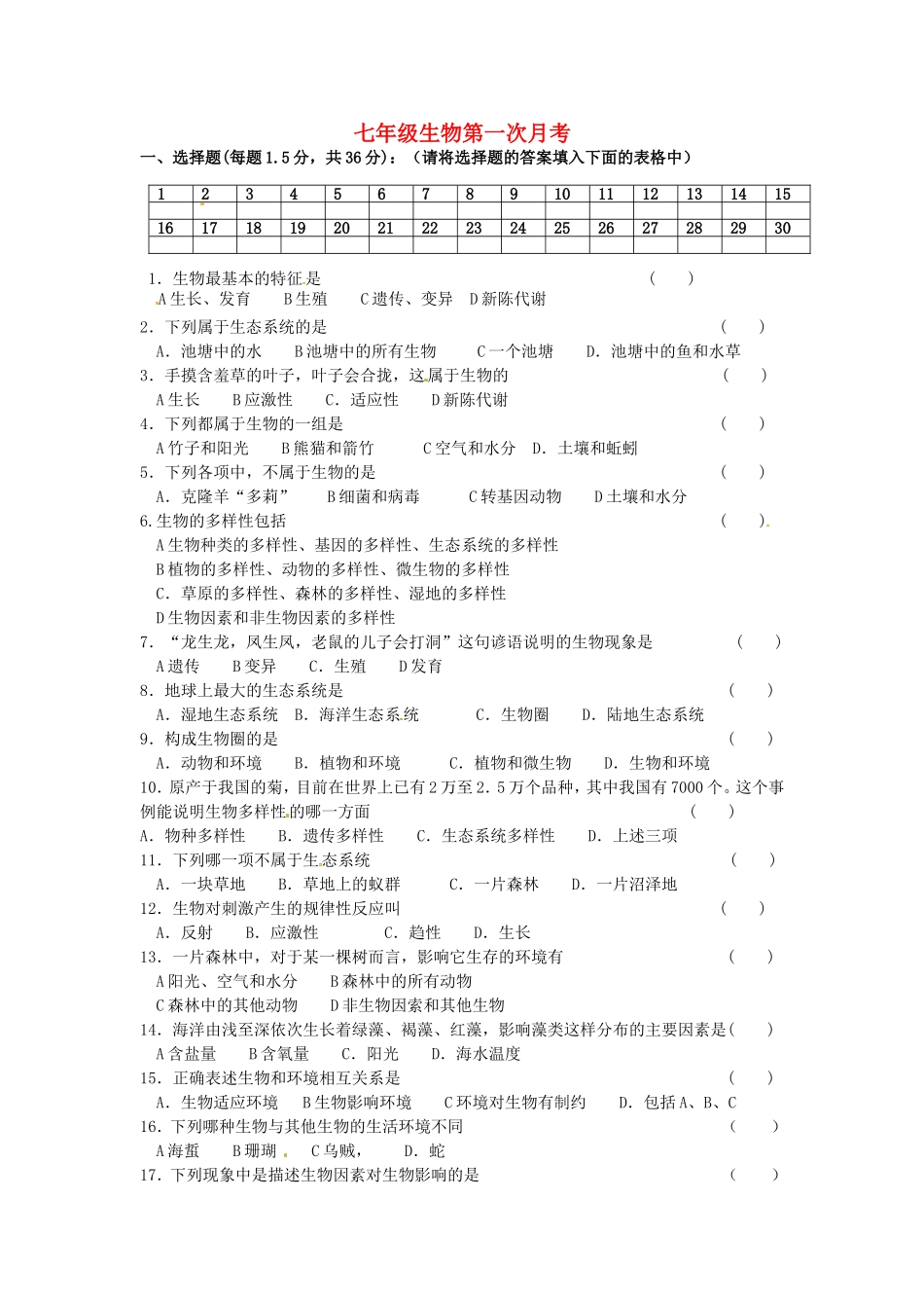 安徽省濉溪县孙疃中心学校2015_2016学年七年级生物上学期第一次月考试题无答案_第1页
