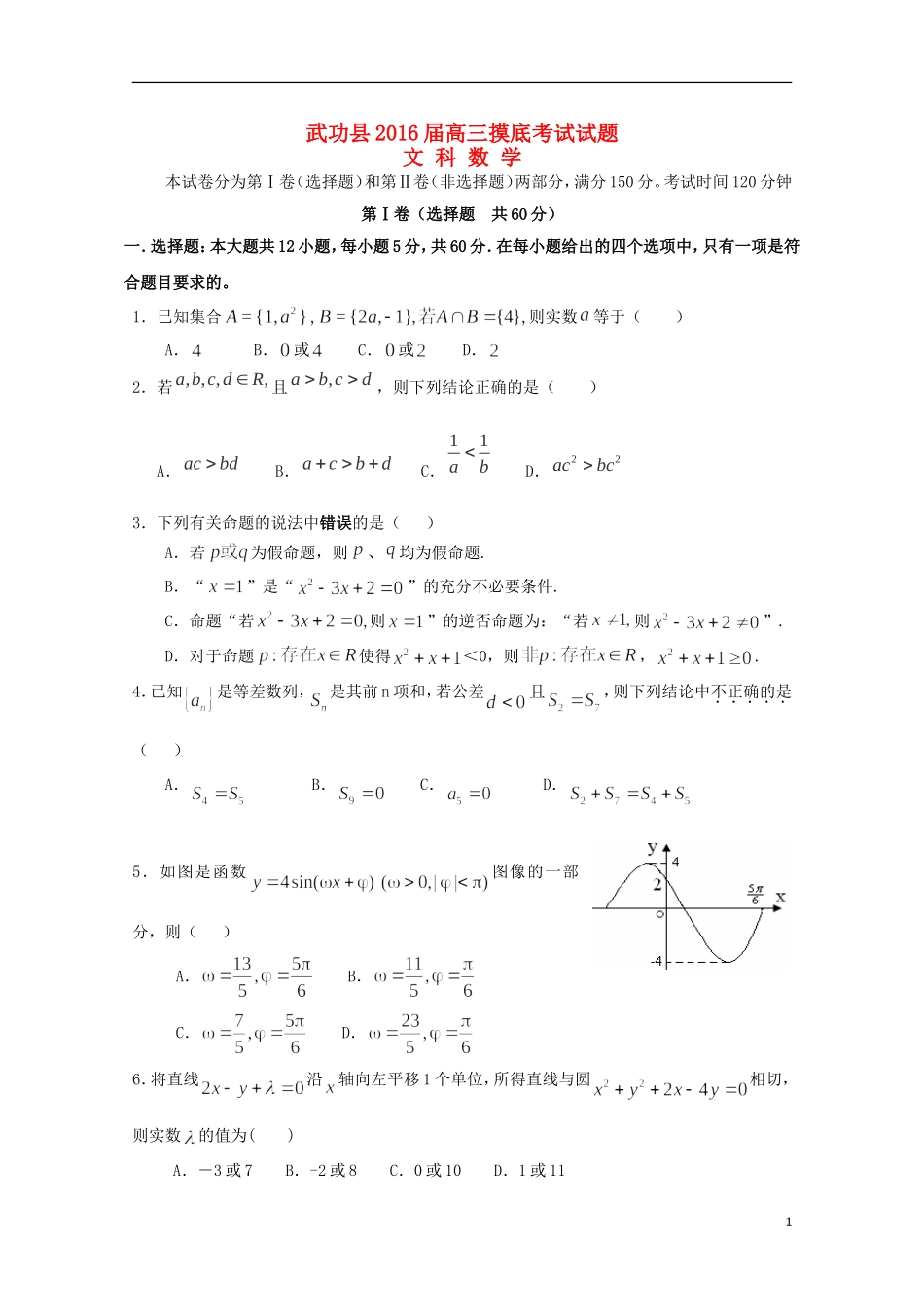 陕西省咸阳市武功县2016届高三数学上学期摸底考试试题文无答案_第1页