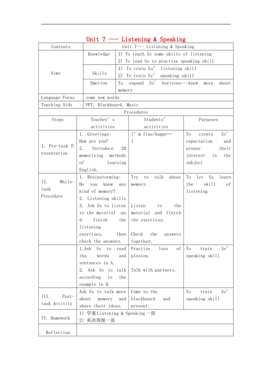 广东省广州市花都区赤坭中学八年级英语上册Unit7MemoryListening&Speaking教案新版牛津深圳版_第1页