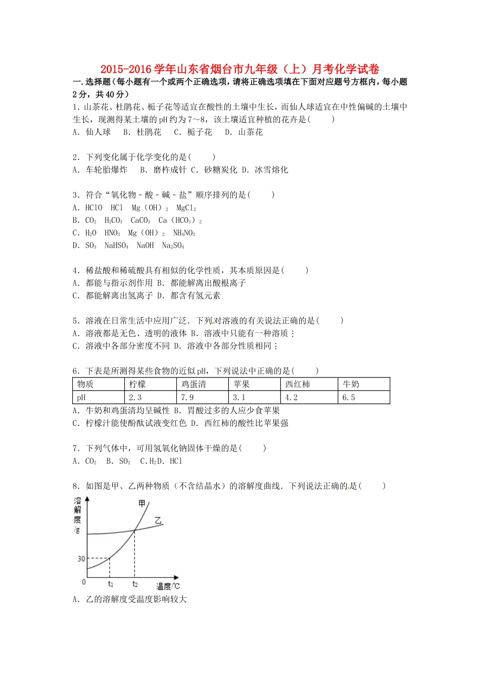 山东省烟台市2016届九年级化学上学期月考试题含解析鲁教版五四制_第1页