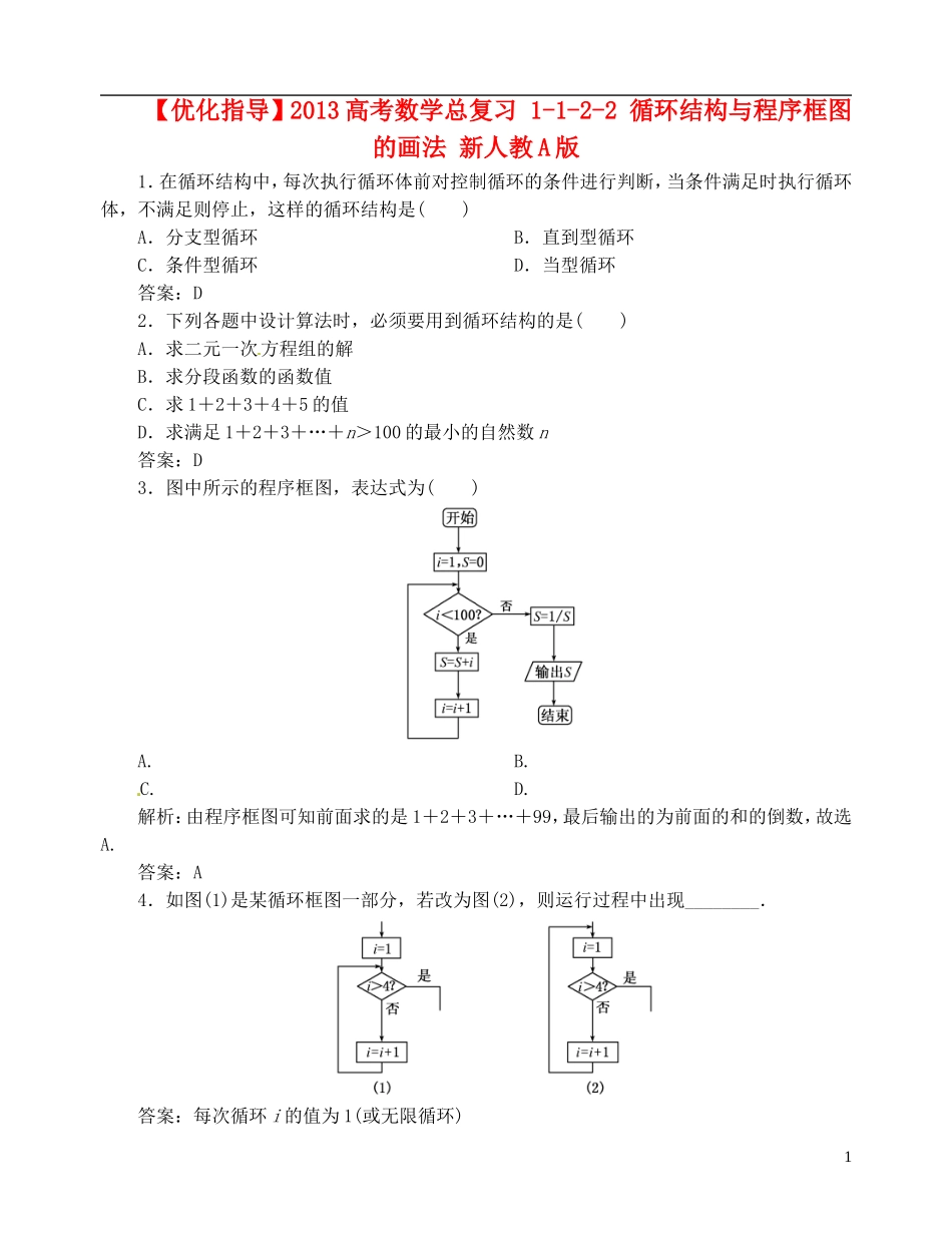 【优化指导】2013高考数学总复习 1-1-2-2 循环结构与程序框图的画法 新人教A版_第1页