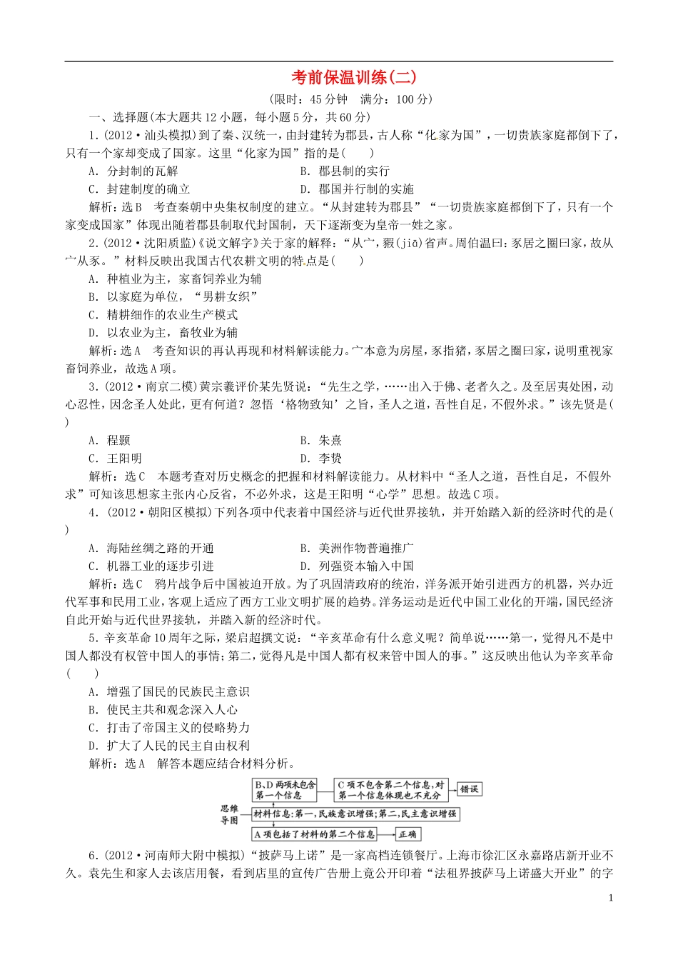 【冲击高考】2013届高考历史总复习 精典例题+详细解析 考前保温训练二_第1页