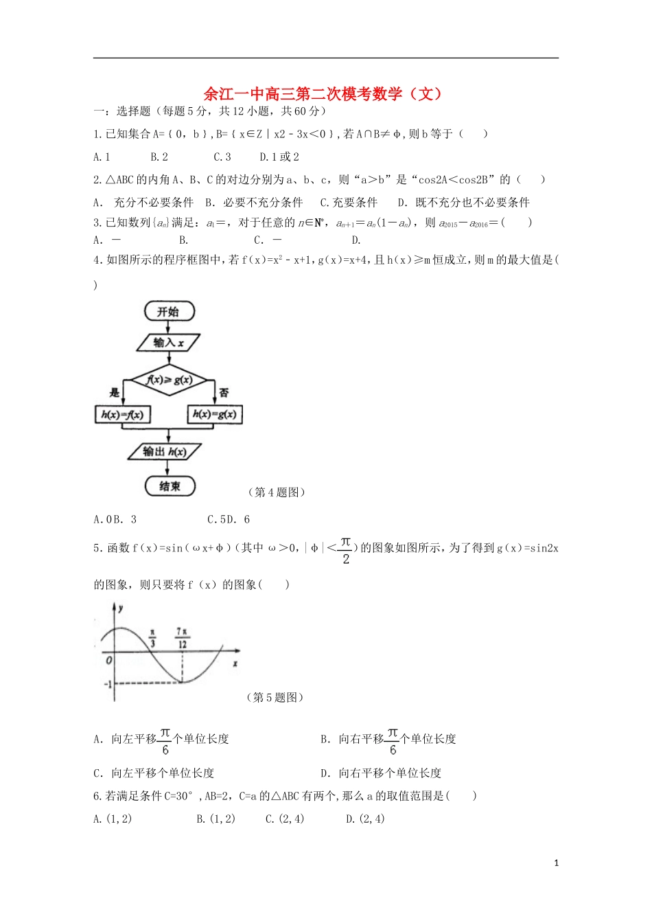 江西省余江县第一中学2016届高三数学上学期第二次模拟考试试题文_第1页