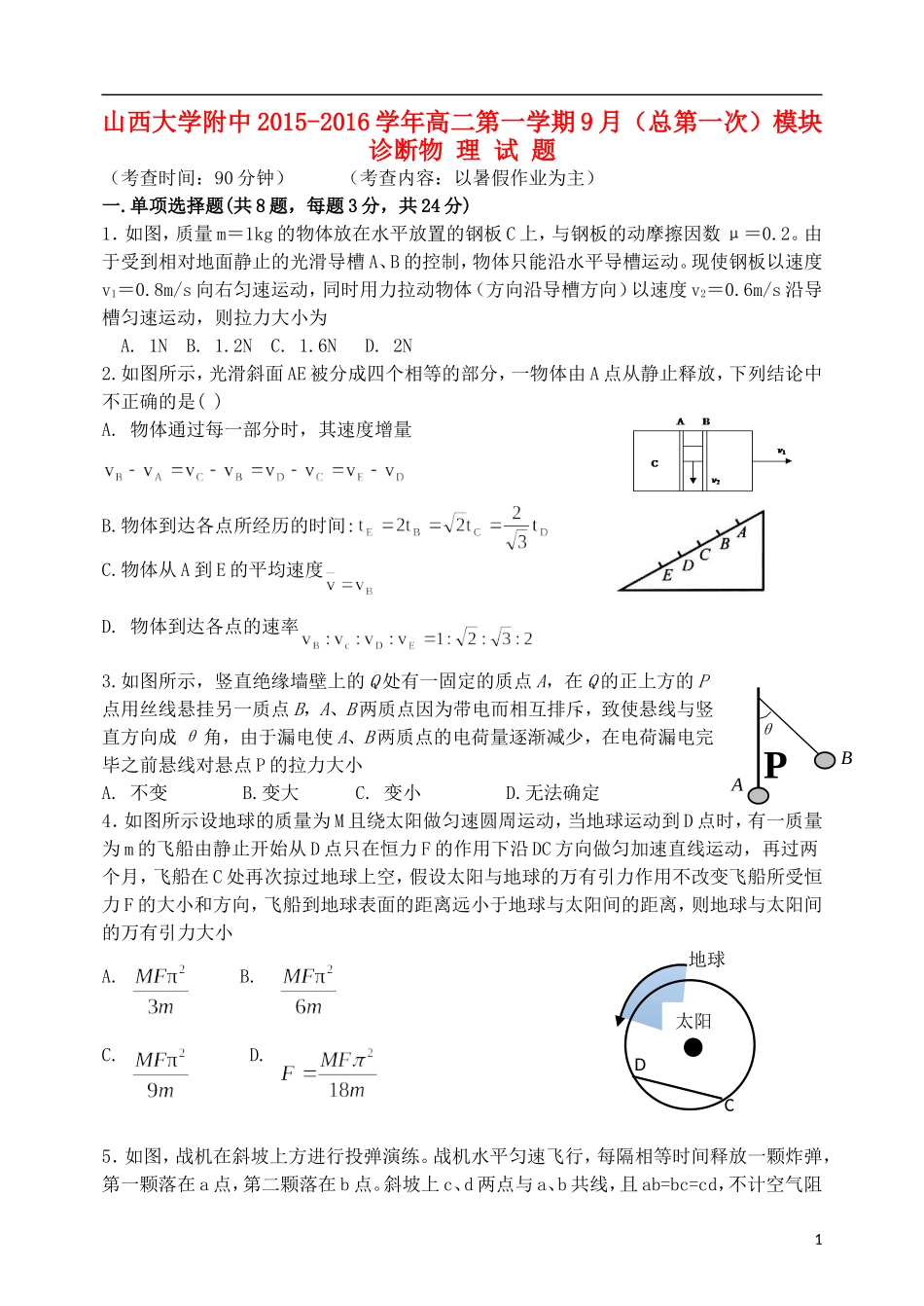 山西省山大附中2015_2016学年高二物理9月第一学期模块诊断试题_第1页