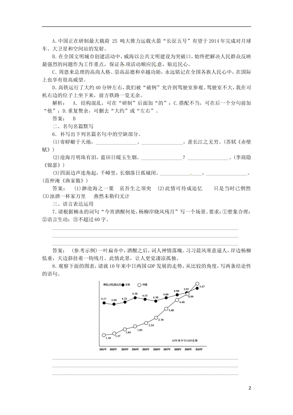重庆市万州分水中学2012届高三语文二轮复习测试 课时作业十九_第2页