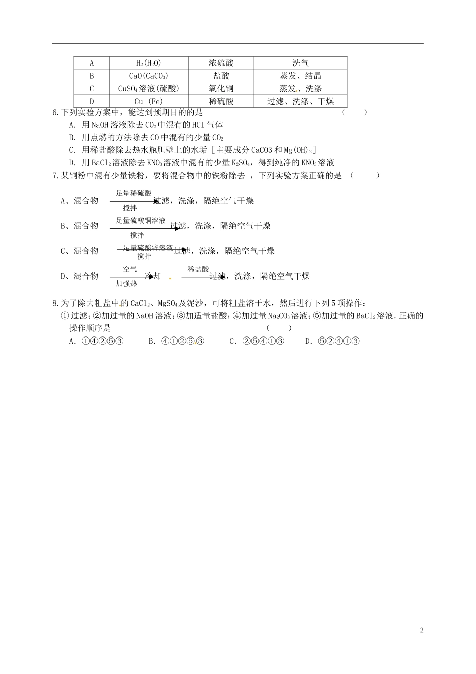 江苏输容市后白中学2015届中考化学物质的除杂分离和提纯专项训练1无答案_第2页