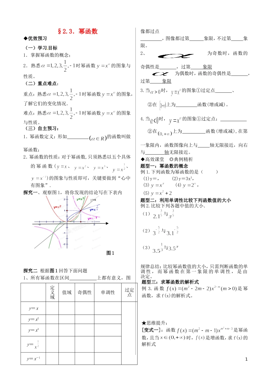 2015高中数学2.3幂函数学案无答案新人教A版必修1_第1页