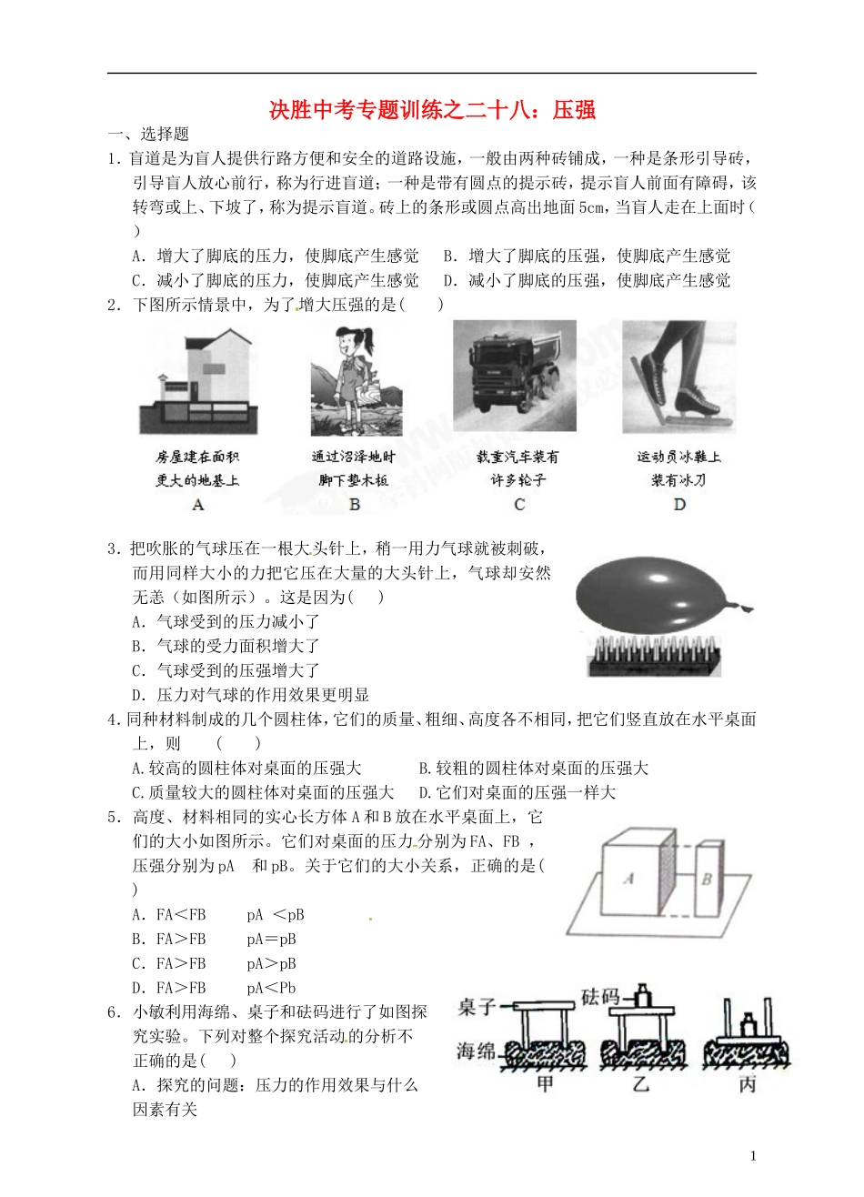 浙江省温州市平阳县鳌江镇第三中学中考科学 决胜专题训练之二十八 压强 浙教版_第1页