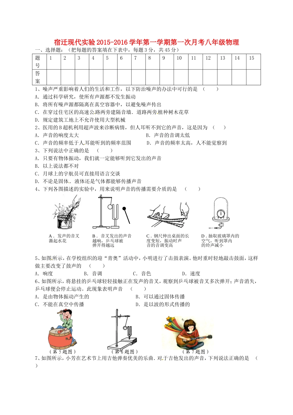 江苏省宿迁市现代实验学校2015_2016学年八年级物理上学期第一次月考试题无答案新人教版_第1页
