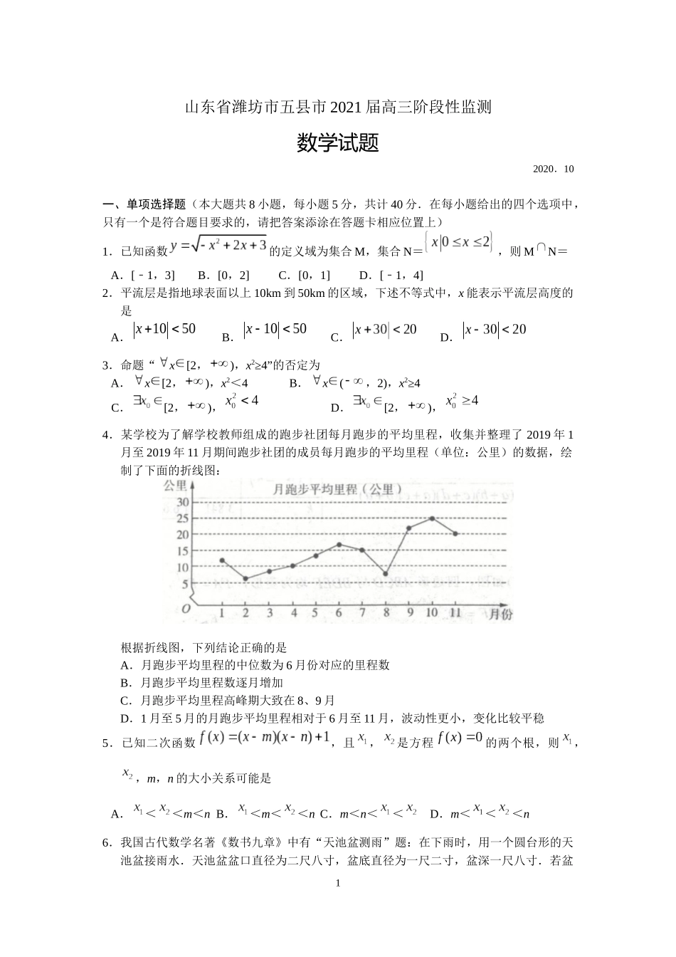 _山东省潍坊市五县市届高三月联考数学试题()_第1页