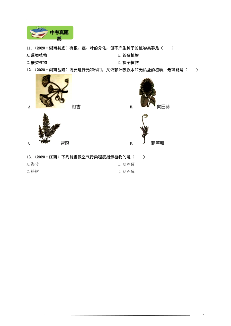 《苔藓植物和蕨类植物》精编练习_第2页