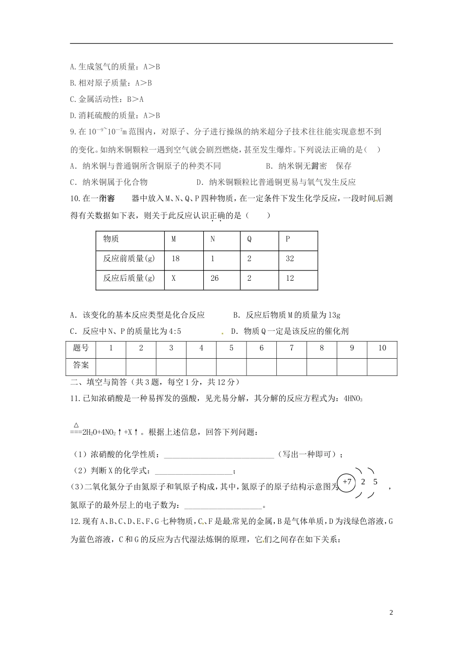 江苏省徐州市睢宁县宁海外国语学校2015届九年级化学上学期第二次月考试题沪科版_第2页