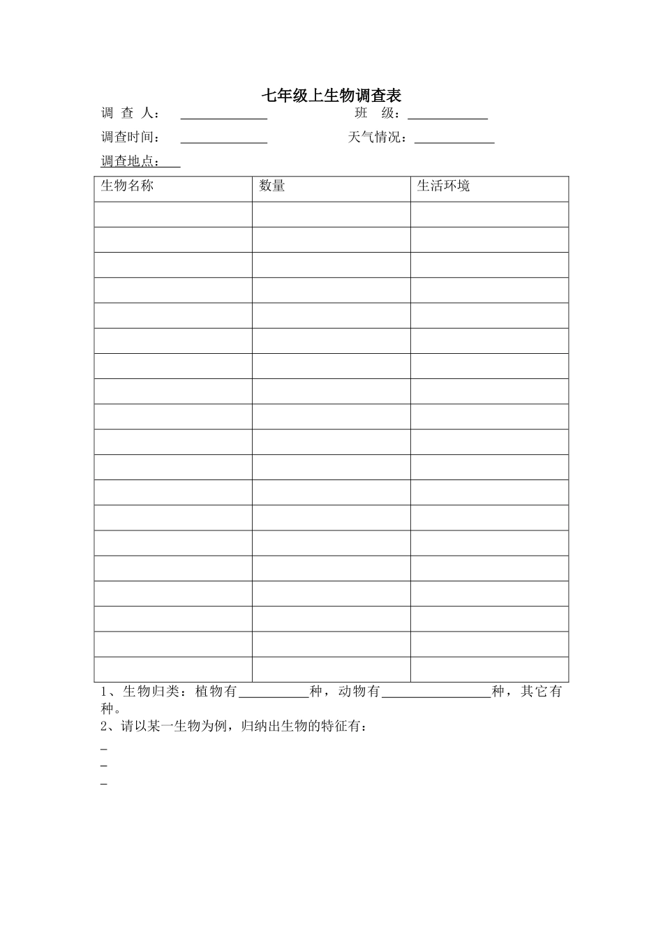 七年级上生物调查表_第1页