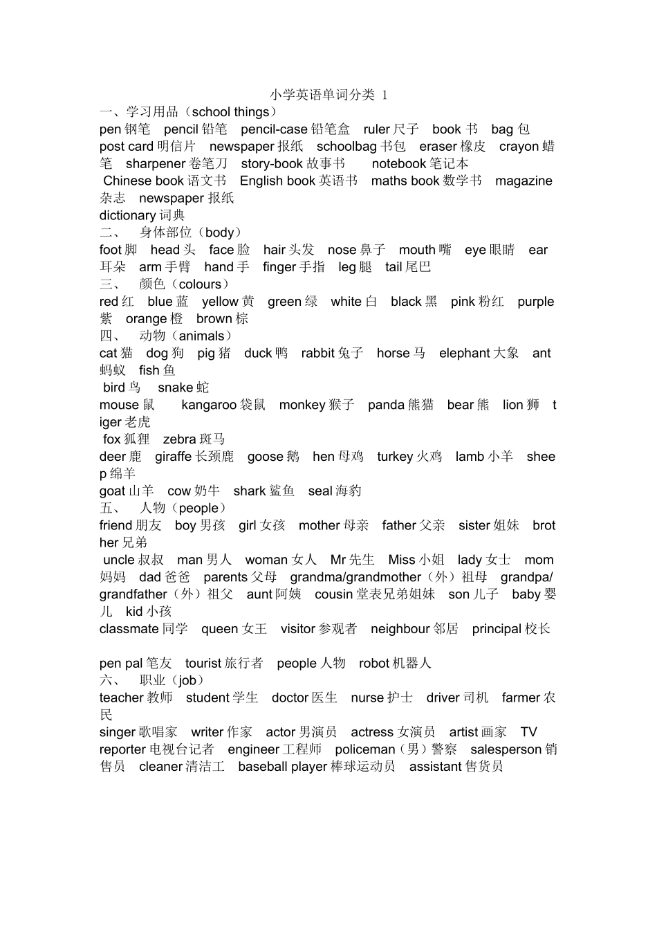 小学英语单词分类1_第1页
