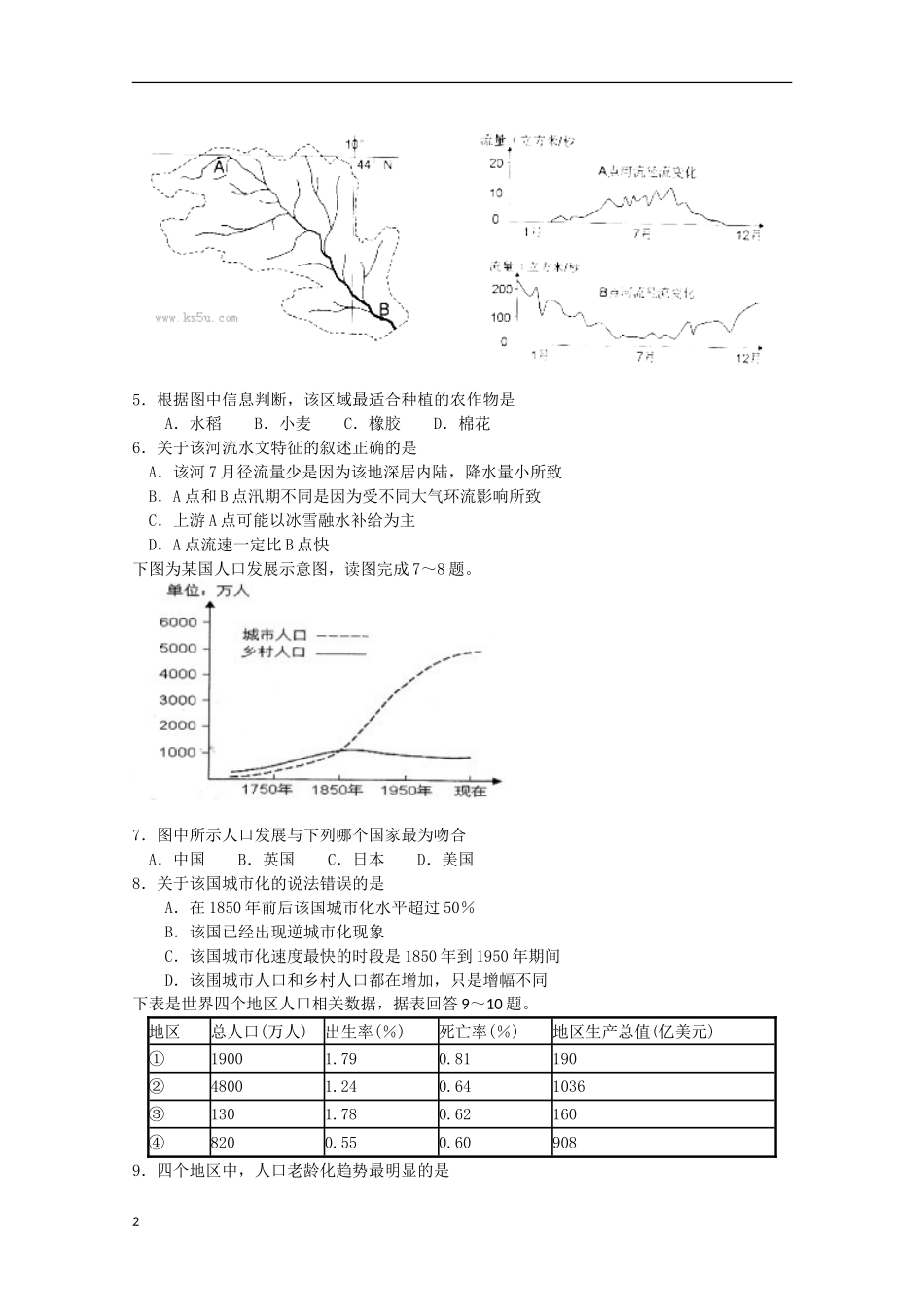 云南省玉溪市2013年高三文综毕业班复习检测（地理部分）新人教版_第2页