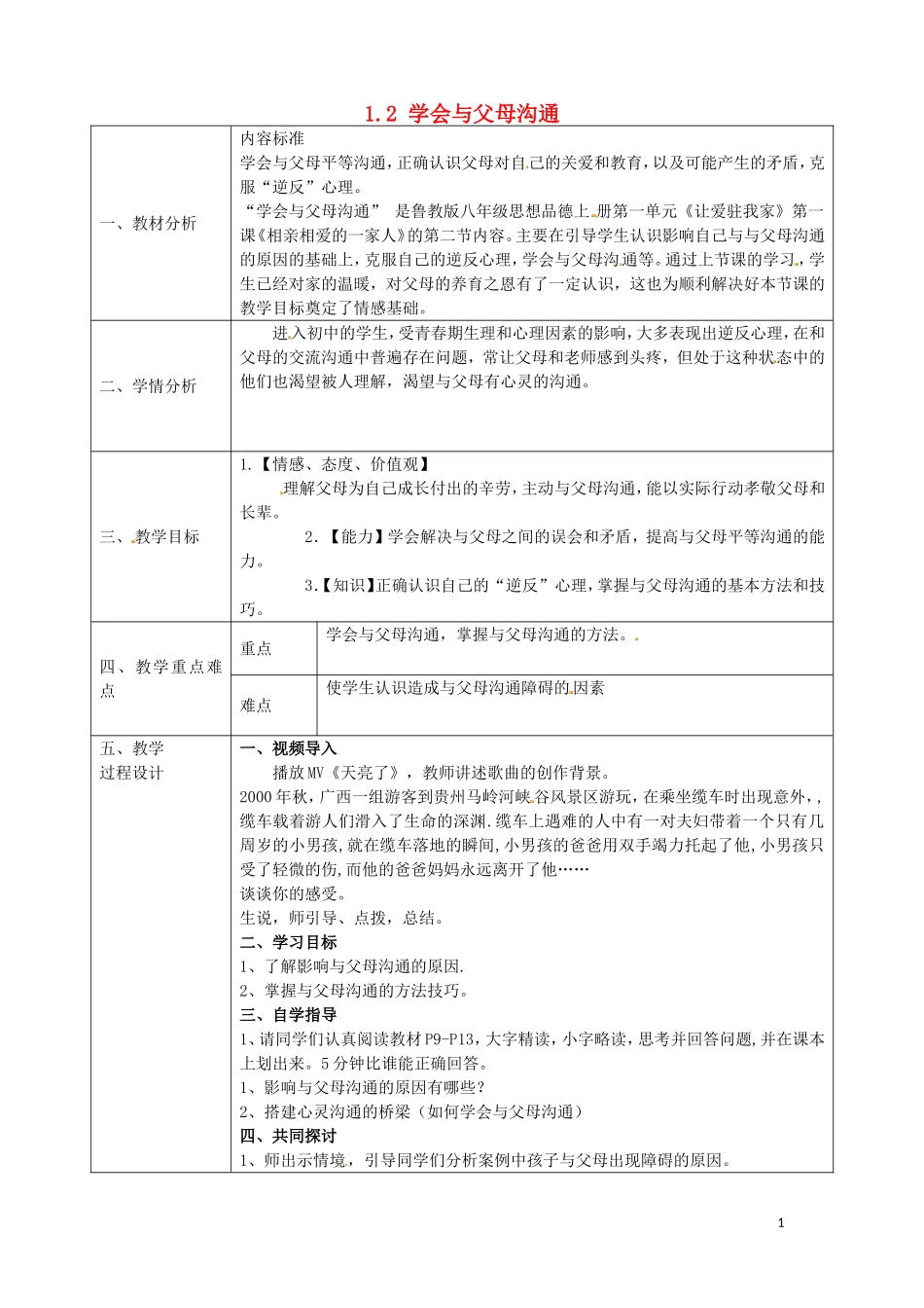陕西省石泉县池河中学八年级政治上册1.1.2学会与父母沟通教学设计鲁教版_第1页