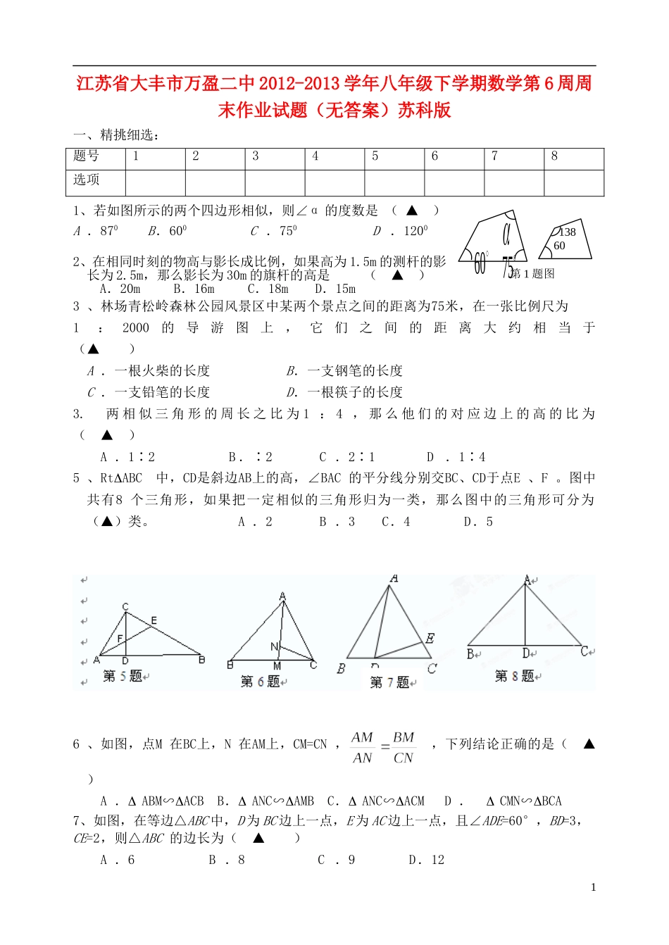 江苏省大丰市2012-2013学年八年级数学下学期第6周周末作业试题（无答案） 苏科版_第1页