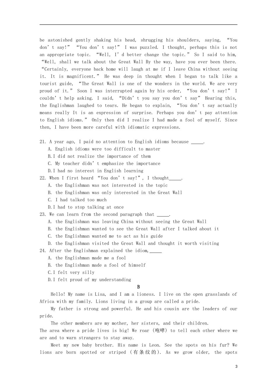 河北省邯郸市大名县第一中学2015_2016学年高一英语上学期第一次月考试题_第3页