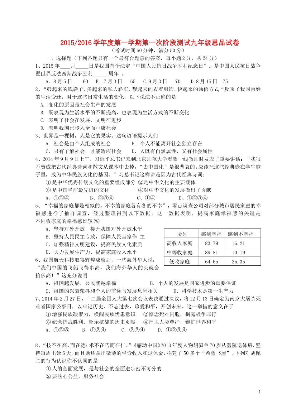 江苏省盐城市盐都区西片2016届九年级思品上学期第一次月考试题苏教版_第1页