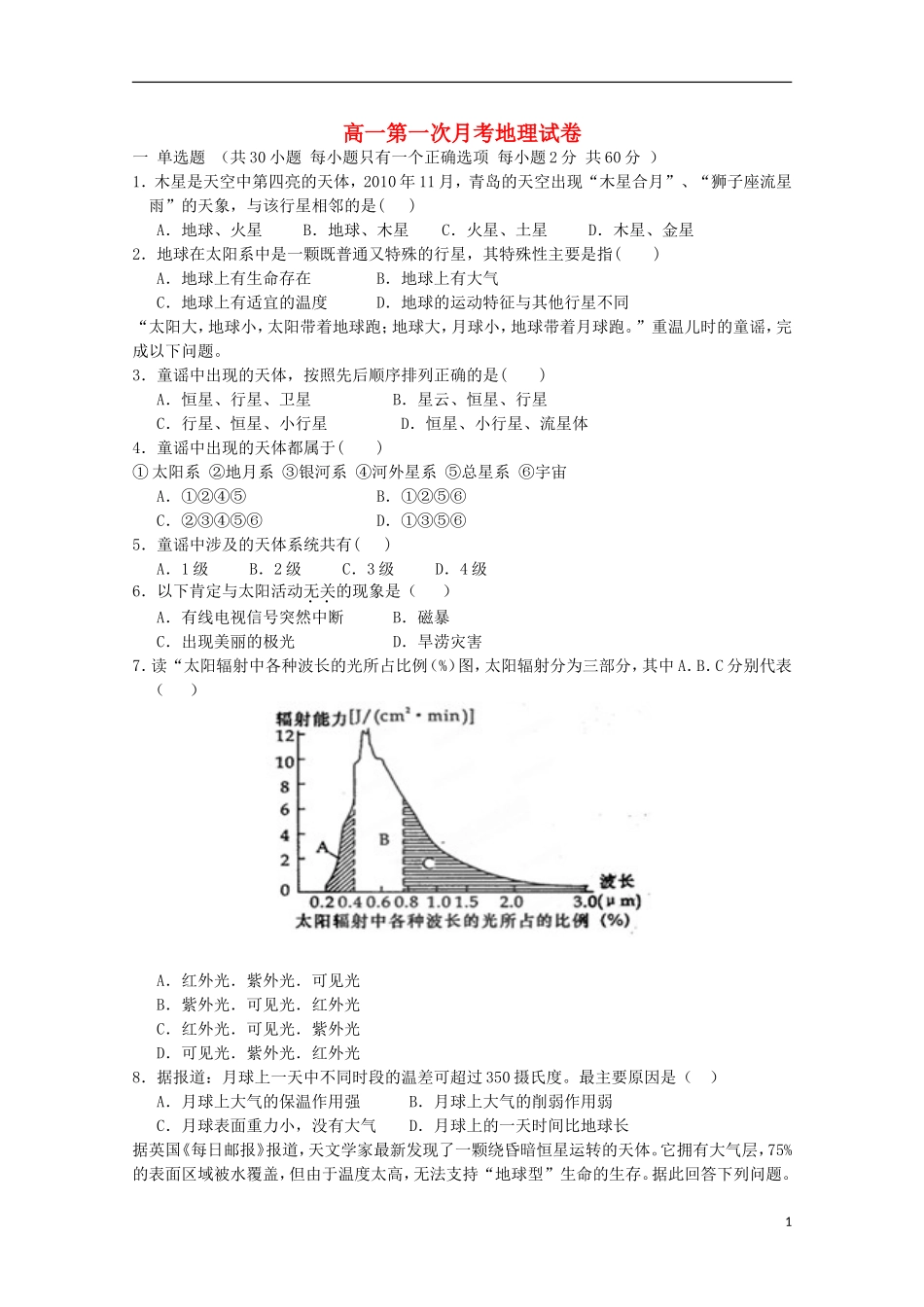 河北省邯郸市大名县第一中学2015_2016学年高一地理上学期第一次月考试题_第1页