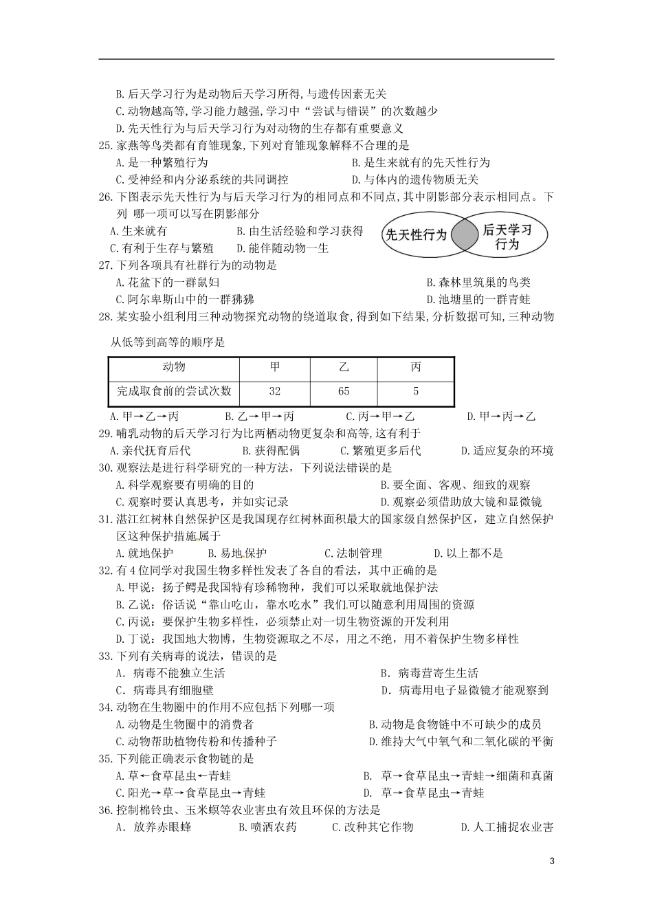 广东省徐闻县梅溪中学2015－2016学年度八年级生物上学期期中教学质量试卷济南版_第3页