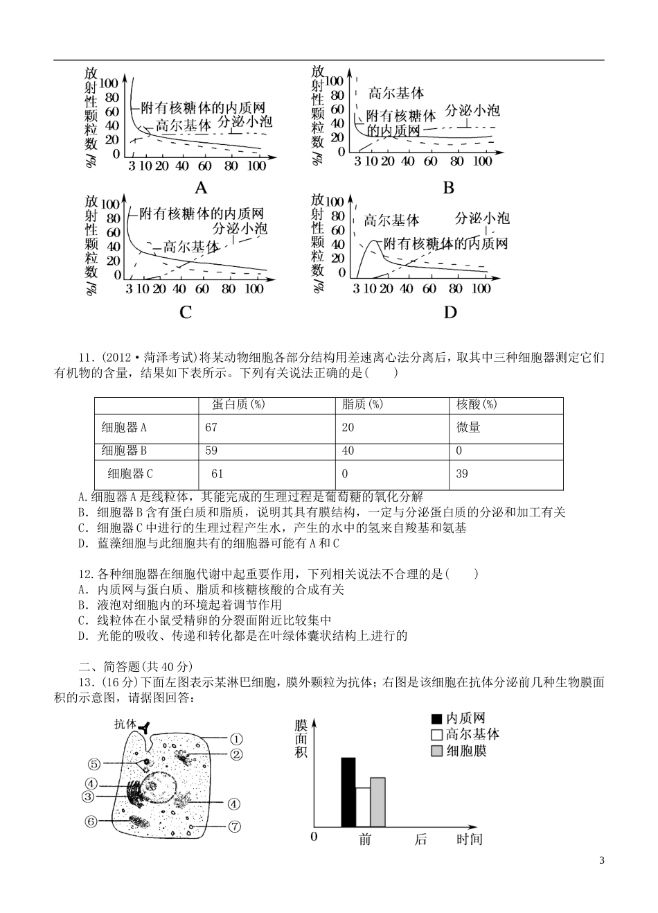 高中生物《第三章 细胞的基本结构 第2节 细胞器 系统内的分工合作》课时作业 新人教版必修1_第3页