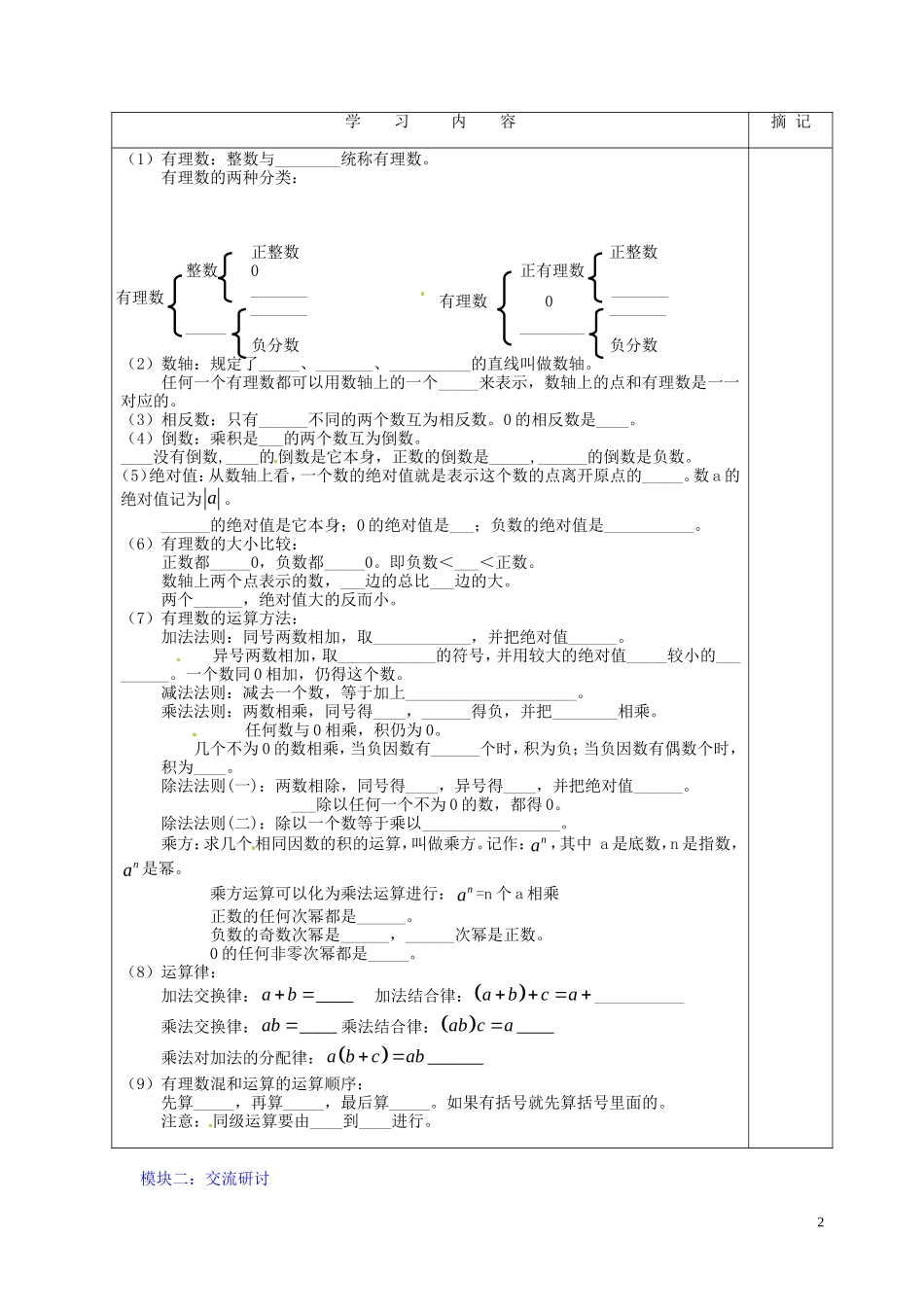 广东省河源中国教育学会中英文实验学校2015_2016学年七年级数学上册第2章有理数及其运算复习讲学稿无答案新版北师大版_第2页