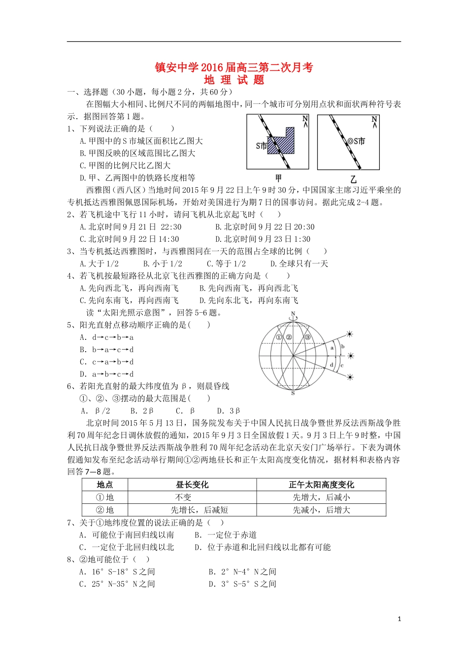 陕西省镇安中学2016届高三地理上学期第二次月考试题_第1页
