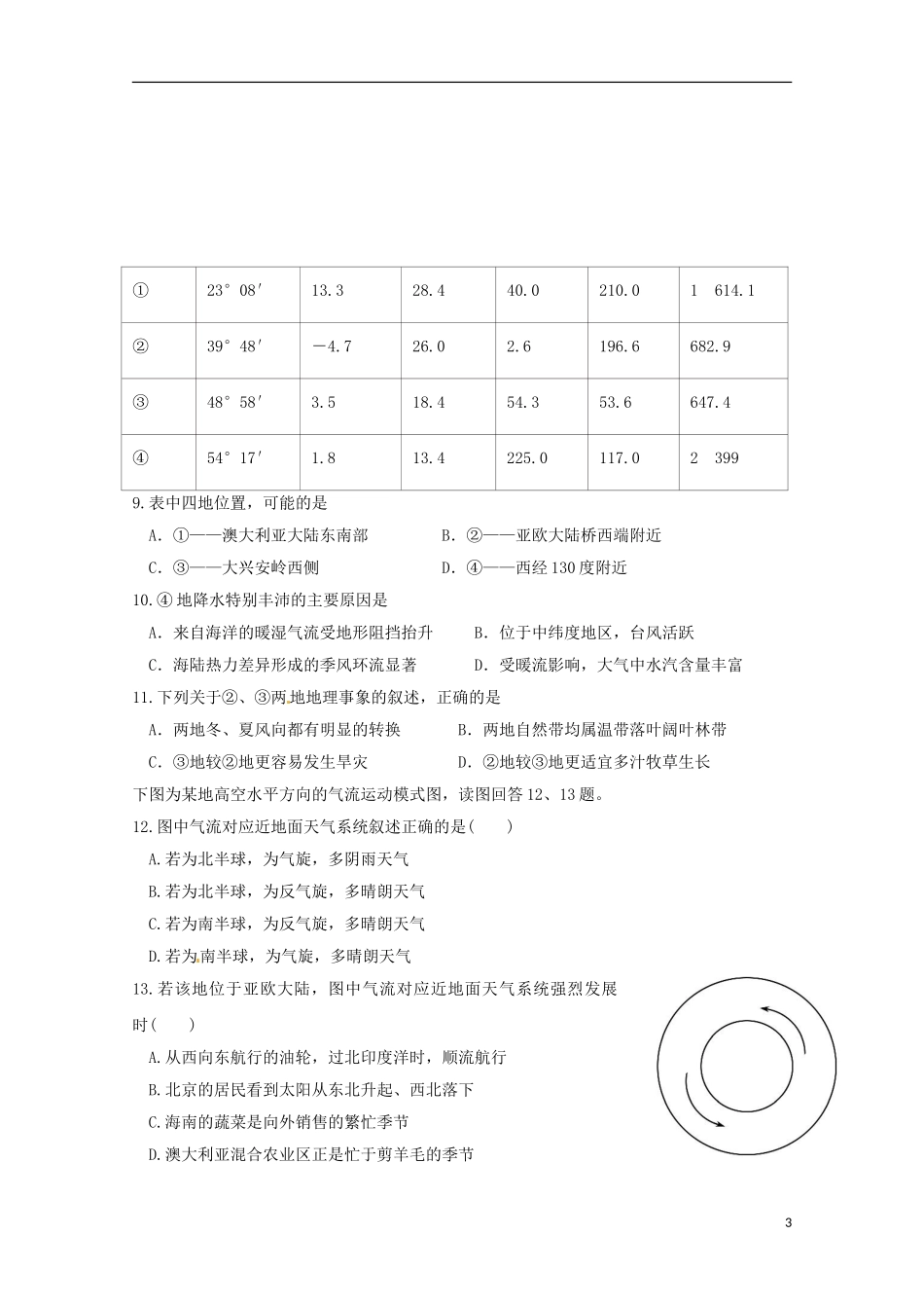 河南省陕州中学2016届高三地理上学期第一次月考试题_第3页