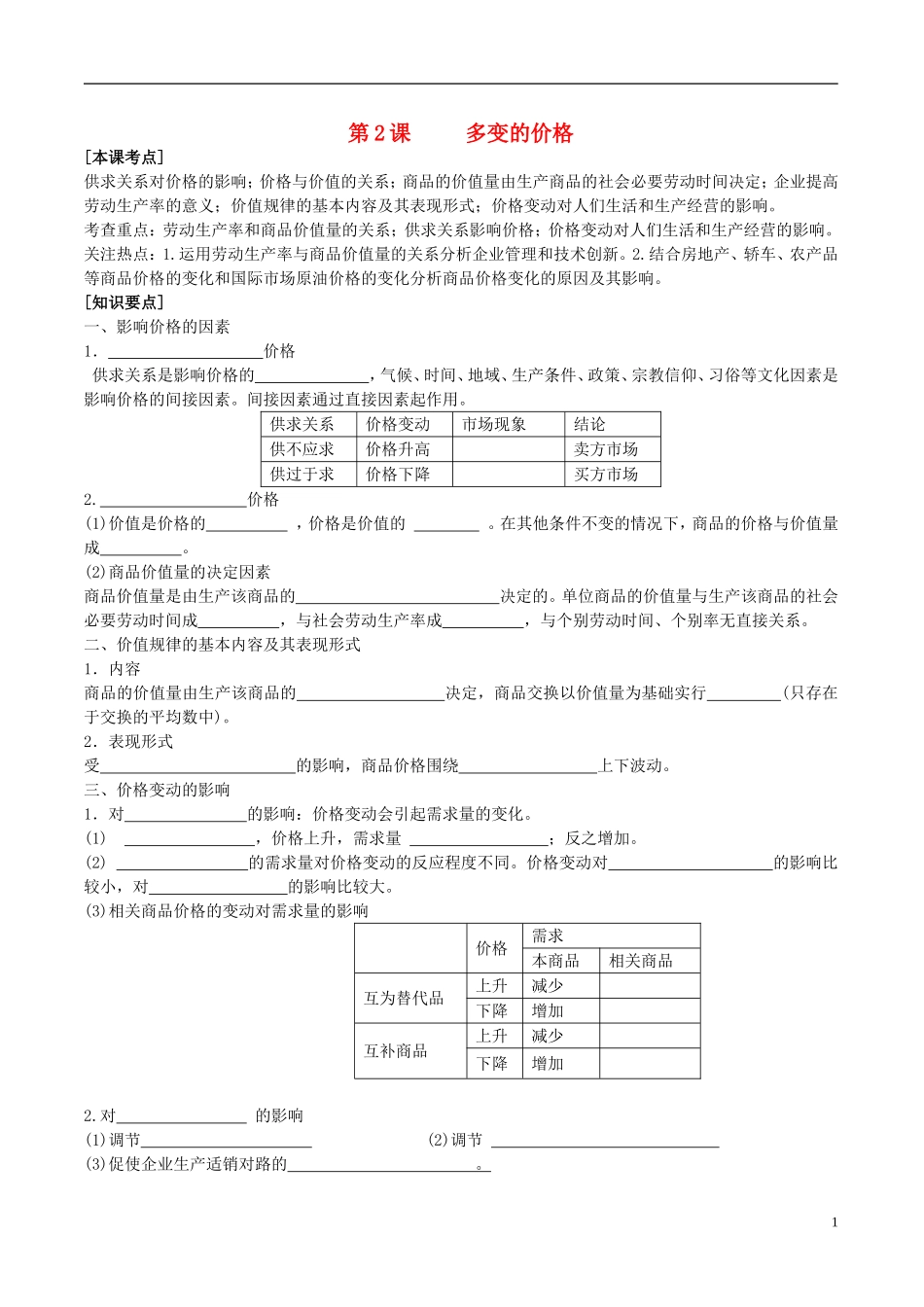 2016届高三政治一轮复习第2课多变的价格学案无答案新人教版必修1_第1页