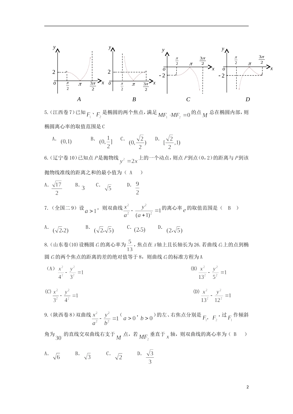 浙江省磐安县高考数学试题分类专题汇编 圆锥曲线 新人教A版 _第2页