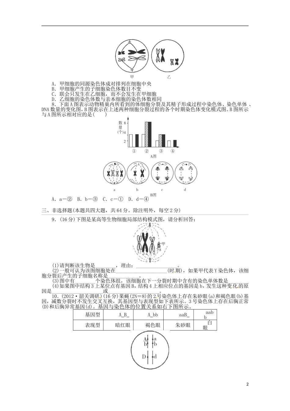 （通用版）2013届高三二轮复习 遗传的细胞基础4测试题_第2页