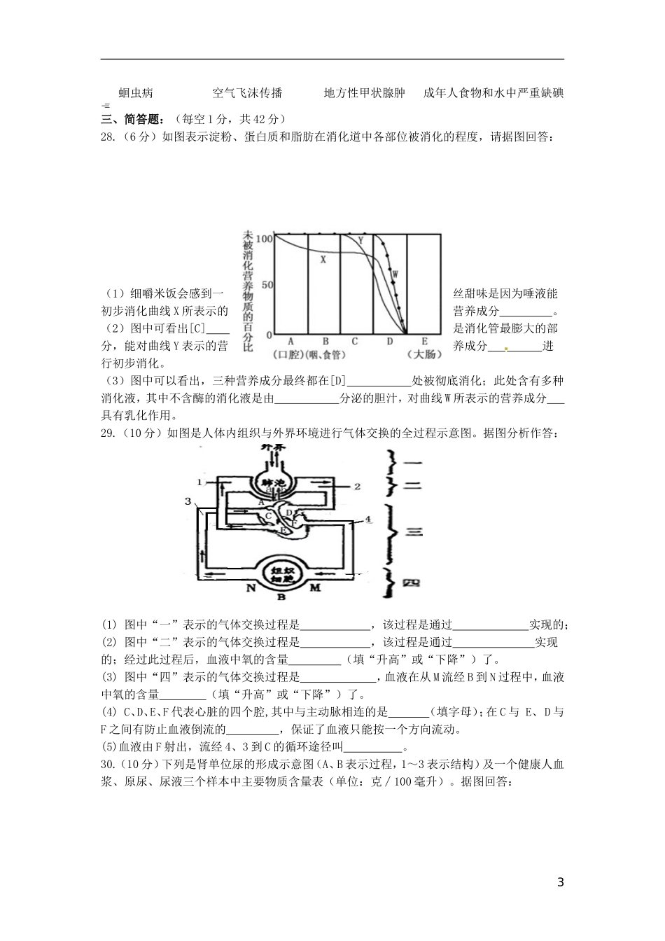河南省虞城县第一初级中学2014_2015学年七年级生物下学期期末教学质量检测试题无答案新版北师大版_第3页